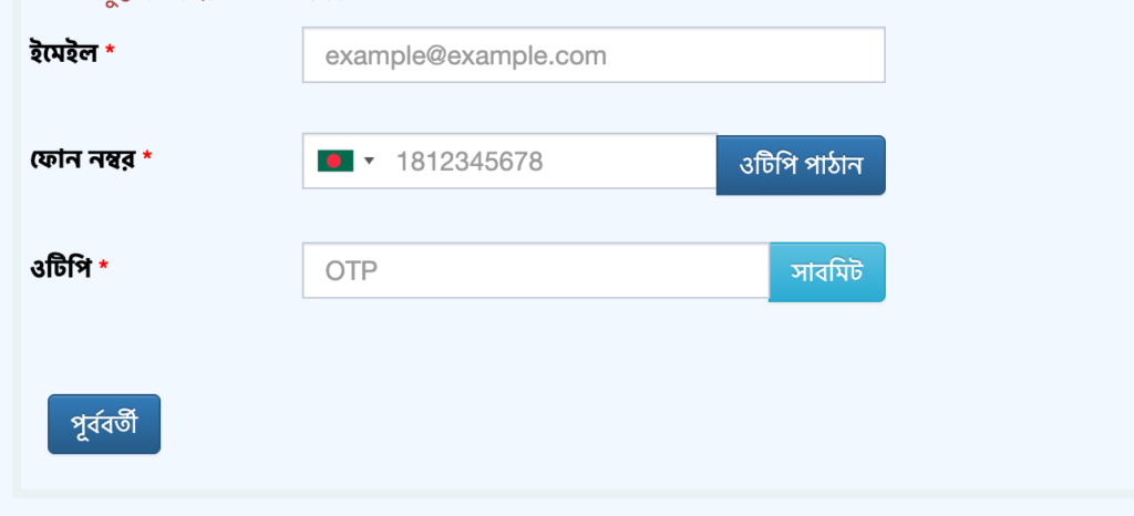 নতুন জন্ম নিবন্ধনের জন্য আবেদন করুন 8 ইমেইল, ফোন নাম্বার এবং ওটিপি ভেরিফিকেশন পেজ